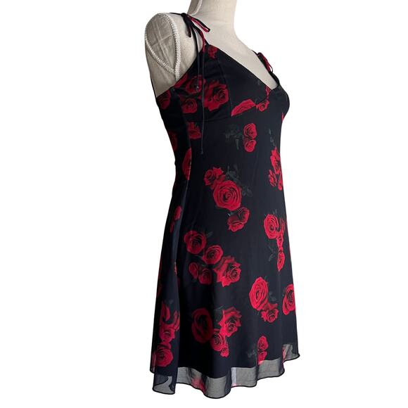 Bershka Rose Print Strappy Mini Dress Black Red Floral Y2K Romantic Going Out - Picture 8 of 10
